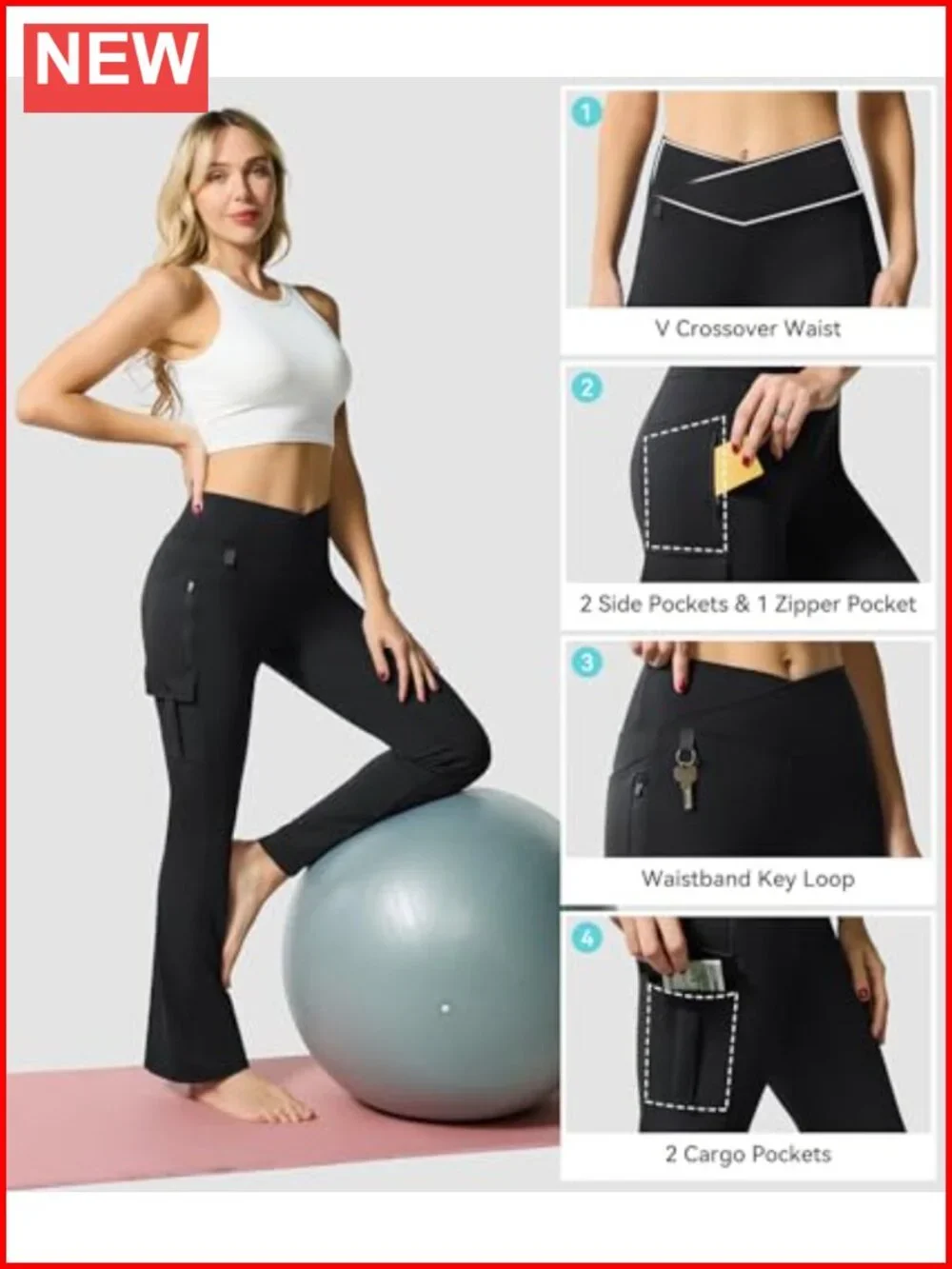 Women's Yoga Flare Leggings 5 Pockets Crossover High Waisted Stretch Cargo Pants